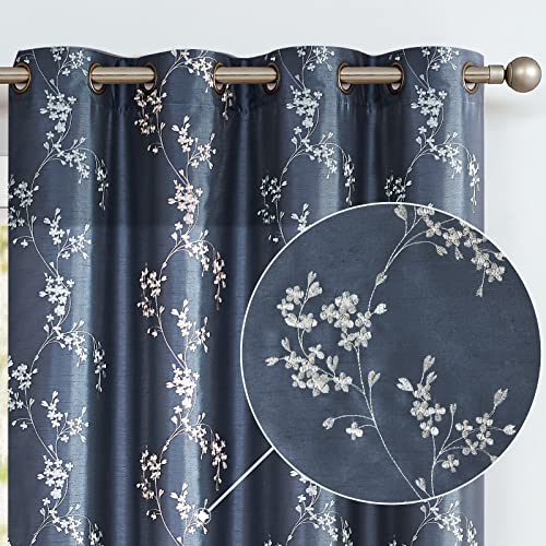 Faux Silk Floral Embroidered Grommet Top Curtains for Living Room 2 Pieces