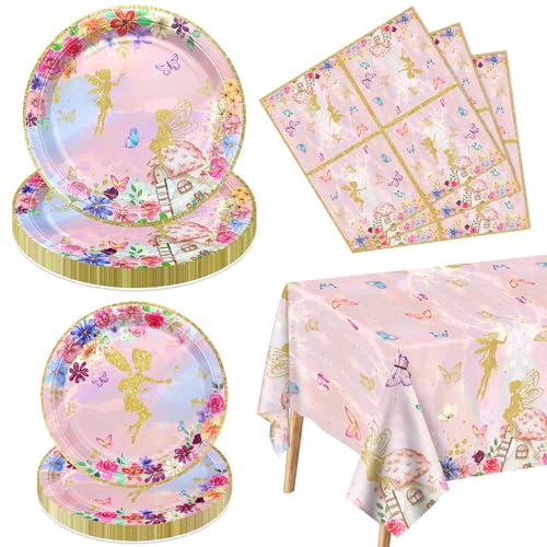 Décorations de fête de fée – Assiettes en carton motif floral et papillon rose – Nappes à fleurs pour princesse, fleurs, papillons, fournitures de...