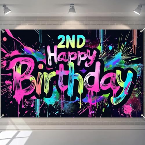 Image of HOMETITUTE Neon 2nd Happy Birthday Party Banner 71x43 Inch Paint Splatter Backdrop Colorful Wall Decorations for Kids Boys Girls Second Birthday Photo Booth Background Event Decor Supplies
