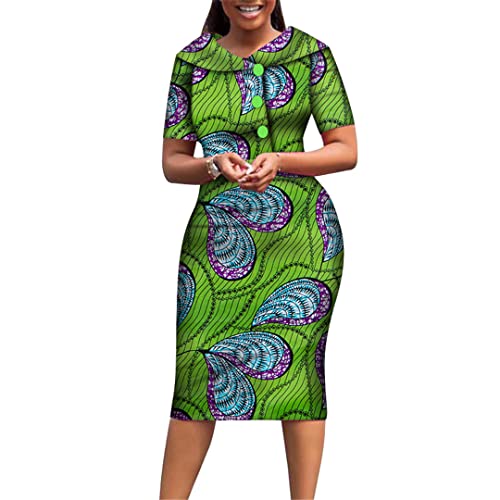 African Print Dresses for Women Short Sleeve Mid-Dress Dashiki Traditional Knee-Length African Dresses 6382 M
