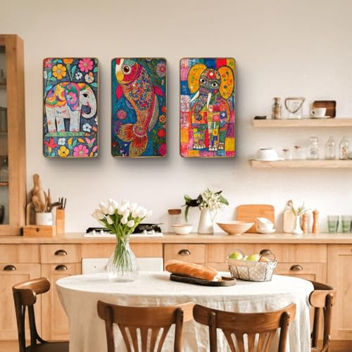 Image of Livin'luxe Set of 3 Golden PVC Framed Animal Wall Paintings | Elephant & Fish Abstract Colorful Wall Art Decor for Living Room, Bedroom & Kids Room | Modern Home Decoration Artwork 35 inch x 20 inch