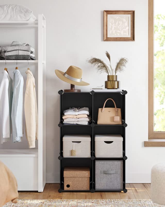 SONGMICS 6 Cube Storage Organizer, DIY Closet Shelf, Plastic Clothes Organizer, Modular Bookcase, High Load Capacity, with Rubber Mallet, Black ULPC06H