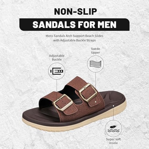 Image of Mens Sandals Arch Support Comfortable Beach Slides with Adjustable Buckle Straps Slippers for Men