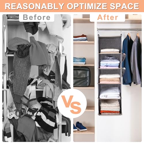 BOOMIBOO Hanging Closet Organizer and Hanging Shelves,5-Hanging Shelf with 2 Side Pockets,Hanging Organizer,Hanging Closet Shelves,Hanging Storage(Grey) - Image 6