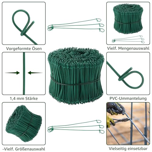 DAJAVE 1000 Stück Rödeldraht Grün 1,4 x 140 mm Rödeldraht mit Ösen, Rostfreier & Langlebiger Betonbindedraht, Blumendraht Grün Floristendraht 1,4mm Betonbindedraht Ösendraht Drill Draht