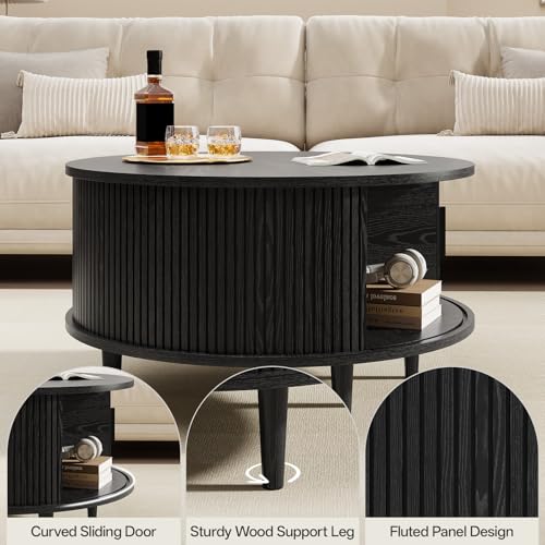 Image of Round Coffee Table with Storage, Mid Century Modern Coffee Table, Fluted Dining Table with Sliding Door, Circle Coffee Table for Living Room Home Office, 31.5 inch, Black