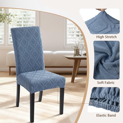 Image of SearchI Dining Room Chair Covers Set of 4, Stretch Jacquard Parsons Chair Slipcovers Spandex Removable Washable Kitchen Chair Protector Cover for Dining Room, Hotel, Ceremony (Gray-Blue Geometric)