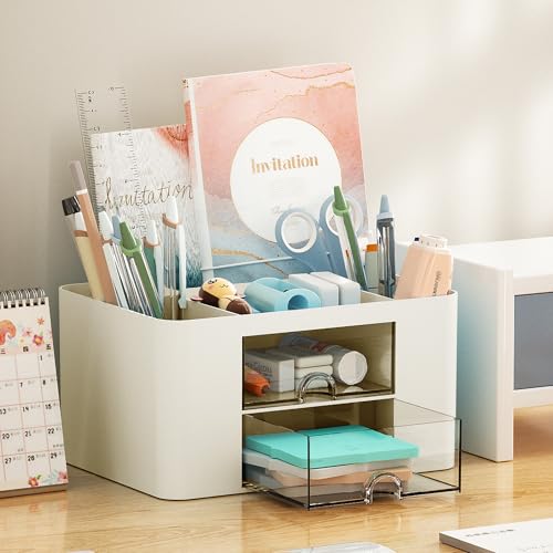 Image of Marbrasse Pen Organizer with 2 Drawer, Multi-Functional Pencil Holder for Desk, Desk Organizers and Accessories with 5 Compartments + Drawer for Office Art Supplies (Beige)
