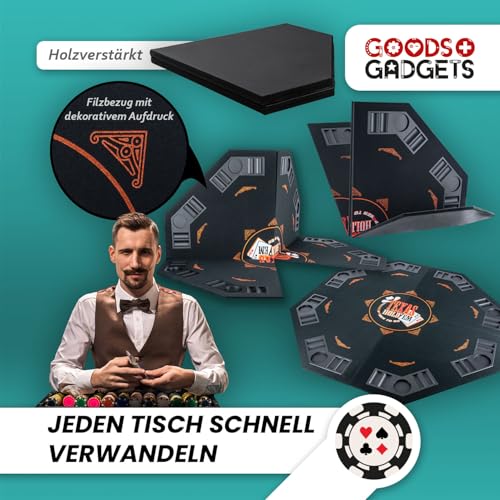 GOODS+GADGETS XXL Pokertisch-Auflage 120 x 120 cm Faltbare Pokerauflage; Poker-Zubehör Pokermatte Tisch-Auflage mit hochwertigem Filz; mit 8 Getränkehaltern; mobil & klappbar (Schwarz - 120 x 120 cm) – Bild 5