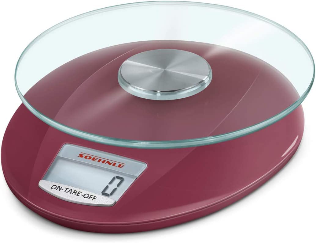 Soehnle Digitale Küchenwaage Roma mit 5 Kilo Tragkraft und 1-g-Wiegepräzision, Waage mit praktischer Zuwiegefunktion (TARA), Waage für die Küche mit LCD-Anzeige und Abschaltautomatik, Ruby Red
