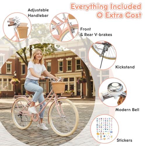 Image of XJD 20 24 26 Inch Girls Bike, 7-Speed Beach Cruiser Bike for Girls Youth and Over 6 Years Old, Kids Bicycles with Dual V-Brakes Rear Rack & Wicker Basket