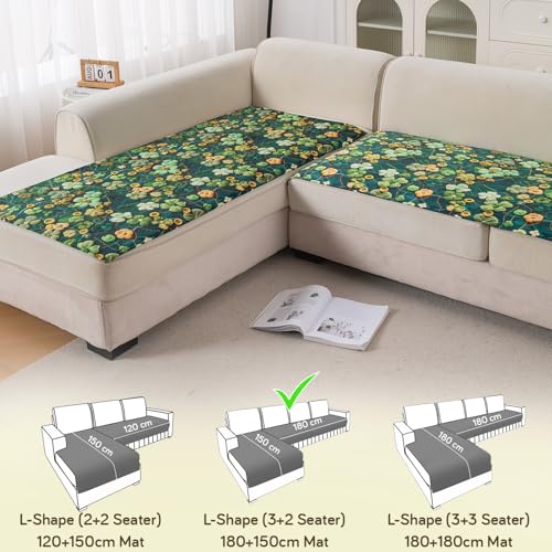 Image of HOKIPO 'Nature Muse' Premium HD Printed Holland Velvet L Shape (3+2 Seater) Sofa Cover Seat Mat, Emerald Garden (IN-916-D4 + IN-918-D4)