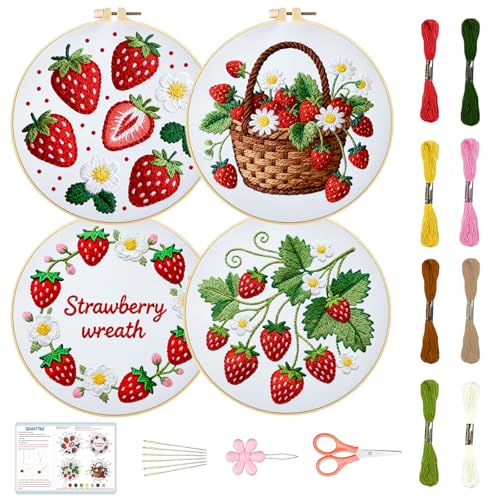 Image of BEUNITONE 4 Set Strawberry Embroidery Kit for Adult Beginners 7.9 inchx7.9 inch DIY Stamped Needlepoint Kits with Pre-Printed Designs, Complete Handmade Embroidery Craft for Relaxing Hobby and Home Decor