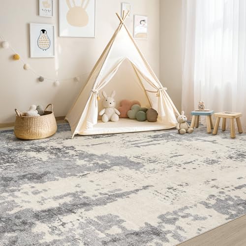 10x12 Area Rug Living Room Rugs - Washable Neutral Modern Abstract Soft Thin Rug Indoor Floor No Slip Rug Carpet for Bedroom Under Dining Table Home Office Decor - Grey/Light Brown