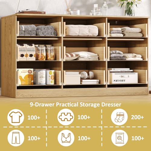 Image of Fluted 9 Drawer Dresser for Bedroom,60.3'' W Modern Dresser for Closet with Metal Handle, Wooden Chest of Drawers for Bedroom, Living Room, Hallway, Natural