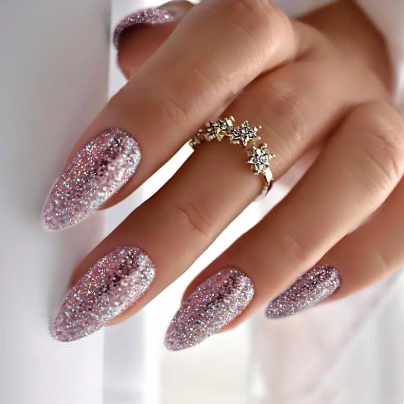 press on nails fake long almond pink glitter acrylic false nail tips kit glue on nails for women b