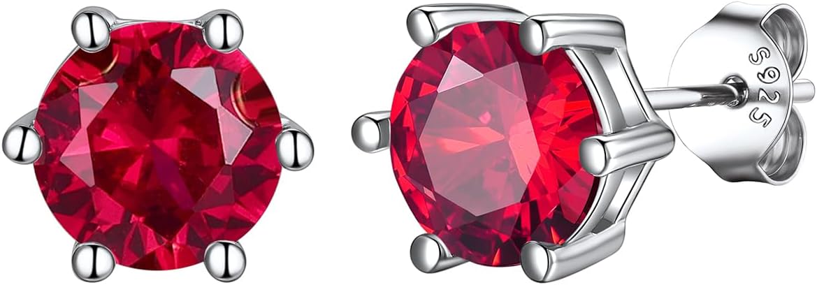 KeyStyle Birthstone Earrings for Women,Hypoallergenic Round/Heart Stud Earrings with 925 Sterling Silver Posts & Push Backs,Small Dainty 8mm CZ Stud Earrings, Silver Birthday Jewelry