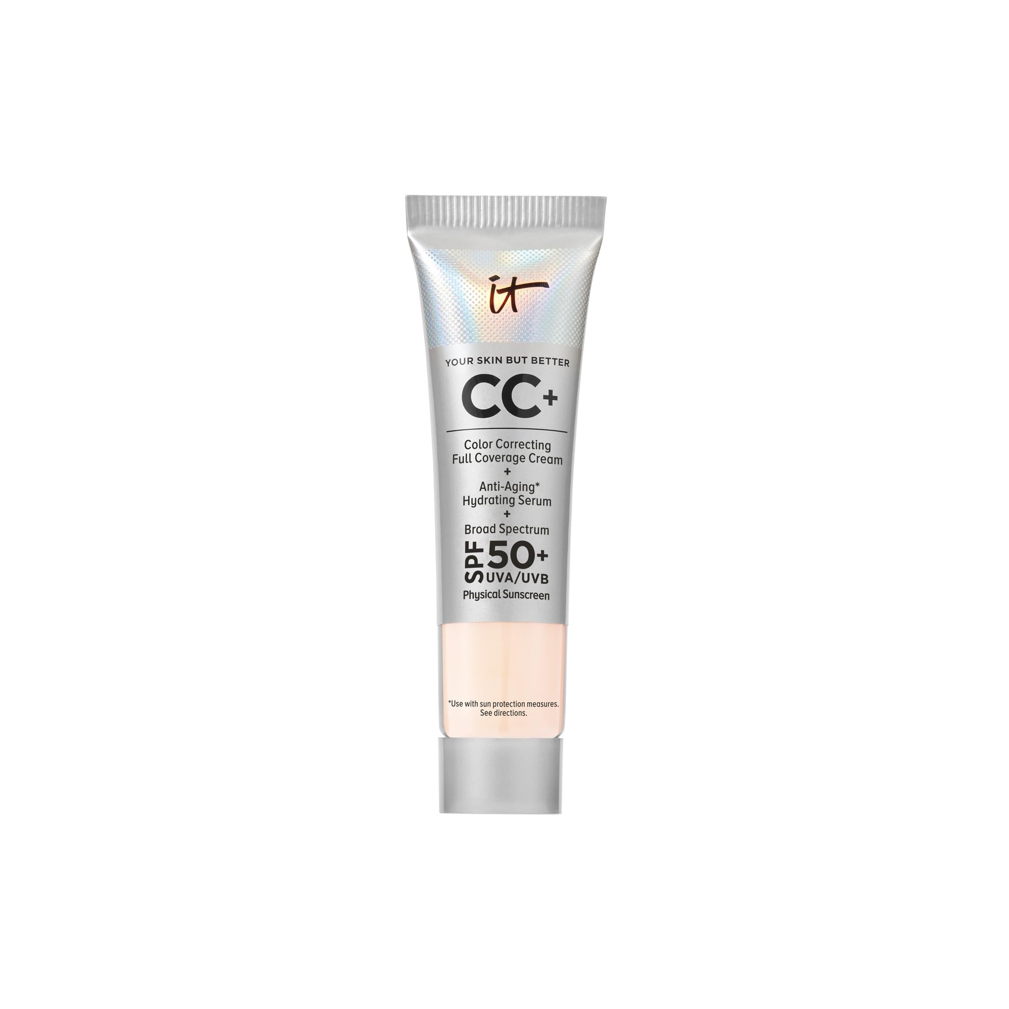 IT Cosmetics CC+ Cream Travel (Fair Beige) - Natural Full Coverage Foundation With SPF 50+, Color Corrector & Anti-Aging Hydrating Serum, Hyaluronic Acid + Peptides, Up To 24H Wear - 0.4 fl oz