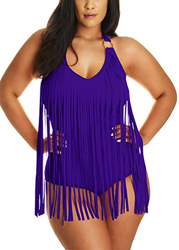 Pandolah Women Plus Size Tassel Fringe Padded Bikini Bandeau One Piece Swimsuits