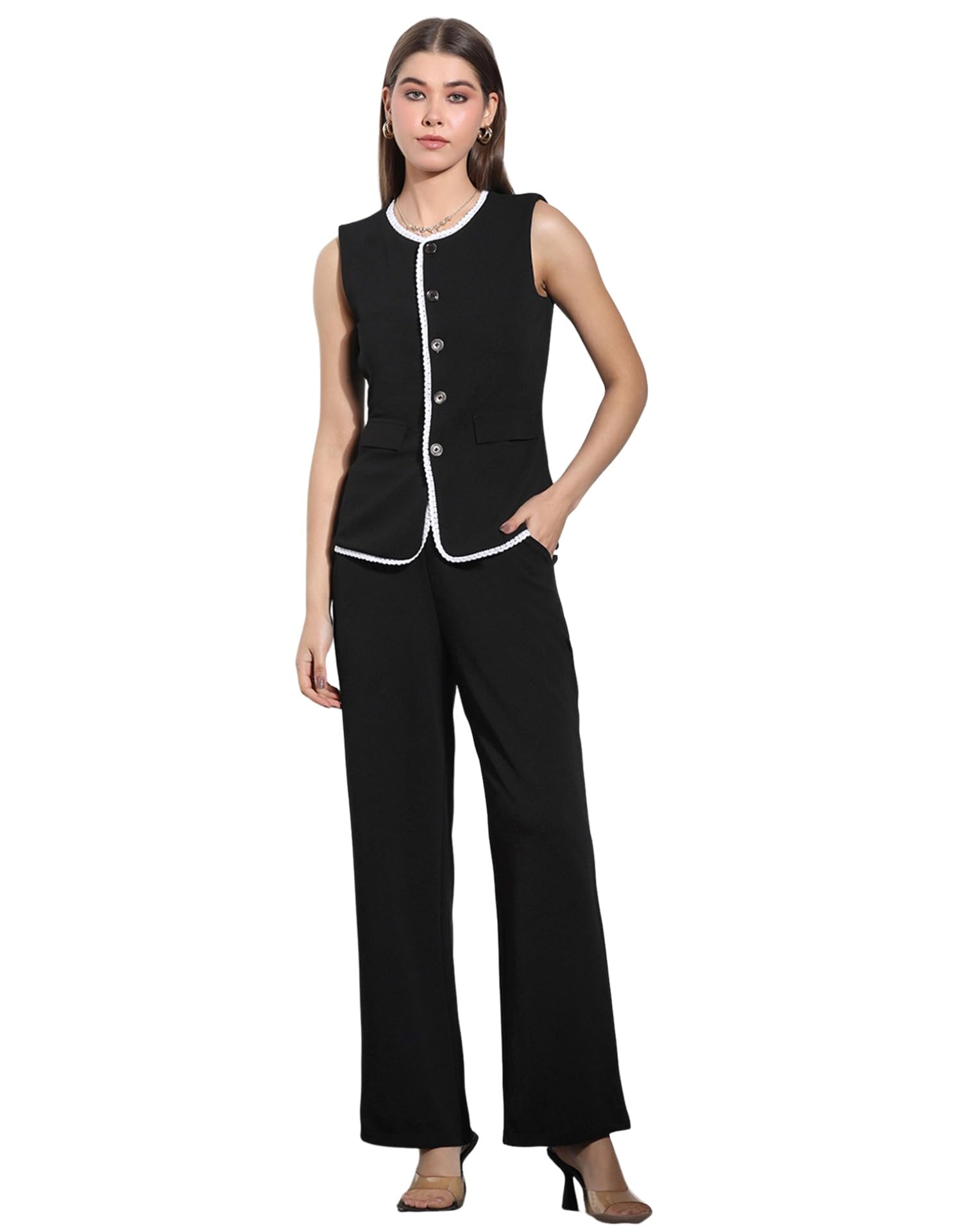 Women's Sleeveless Button West Top with Straight Pants, Chic Formal Co-Ord Set