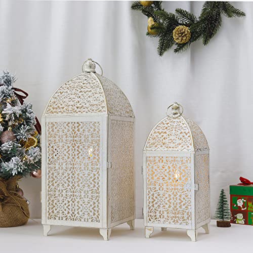 TRIROCKS 2 Stück Hängend Kerze Laterne Vintage Teelichthalter mit Hohlen Muster Windlicht Dekorative Beleuchtung Metall Aufgestellte Kerzenständer für Draußen Balkon Garten Innen Haus Weihnacht(Weiß) Cover