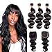 Brazilian Body Wave Human Hair 3 Bundles With Closure 14 16 18+14 Virgin Hair Weave With Lace Closure Free Part Natural Black(14 16 18+14)