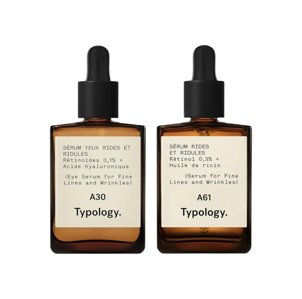 Typology Night Duo for Fine Lines and Wrinkles, Eye Serum A30 with Retinoids 0.1% and Hyaluronic Acid, Face Serum A61 with Retinol 0.3% and Castor Oil