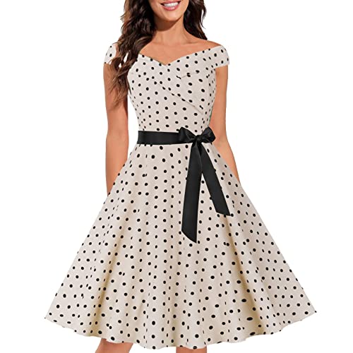 Abito da donna anni '50 anni '60, vintage, con allacciatura al collo, stile Hepburn anni '50, rockabilly, sottoveste, sottile, comodo, estivo, senza spalle, casual, alla moda, con motivo stampato,