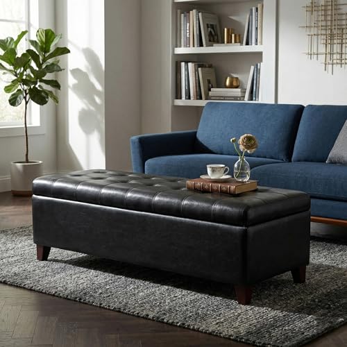 Image of Black Ottoman with Storage Faux Leather Storage Ottoman Bench