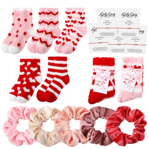 Berlune 5 Set Women Valentines Gifts Pink Fuzzy Sock Girls Birthday Gifts Cozy Plush Warm Sock 5 Velvet Hair Scrunchies(Red)