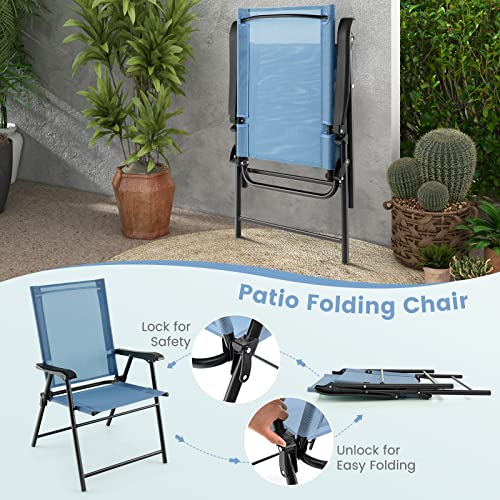 Tangkula Set Of 4 Patio Folding Chairs, Portable Sling Back Chairs With Armrests And Metal Frame, Outdoor Dining Chairs For Deck, Backyard, Poolside And Camping (Blue) #TOP4
