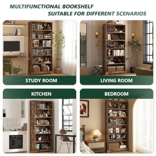 Image of TVU 6-Tier Wooden Bookshelf, 77.2 inch Tall Farmhouse Style Open Bookcase, 31.5 inch W Standing Book Shelf with Storage, Suitable for Study, Living Room, Office, Rustic Brown