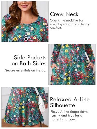 Image of AusLook Women's Plus Midi Dress Long Sleeve Crew Neck A-Line Swing Flowy Vacation Fall Wedding Guest Dresses with Pocket 1-5X