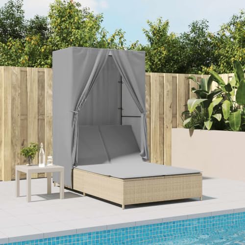 IKAYAA Cama Exterior Jardin con Techo y Cortinas, Cama Balinesa, Tumbona Doble Regulable y Respaldo Reclinable, Cama Jardin Exterior, Tumbonas Dobles, Beige y Gris
