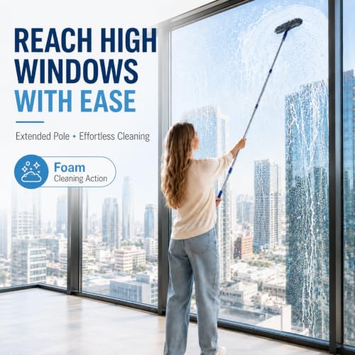 Image of Window Squeegee with 75 inch Extension Pole, ITTAR Rubber Water Wiper for Glass | Durable Stainless Steel Rod, Rotatable Head for Window Edge, Chenille & Microfiber Pad, Squeegee for Variety Cleaning Needs