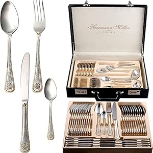 Royal Family Collection 72 Piece Fine Flatware Silverware Set with Gift Carrying Case, Elegant Design, Serves Parties 12 people, Perfect Housewarming Graduation for Loved Ones, Gold