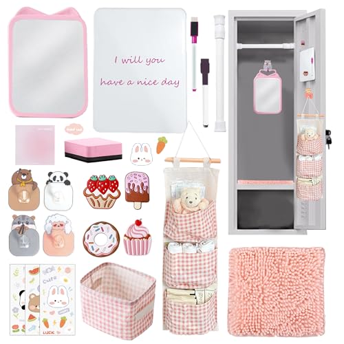Tazimi Locker Accessories Kit with Magnetic Whiteboard, Mirror, Hook, Rug, Storage Bag, Pen Holder - Back to School Essentials for Girls' Locker Organizer