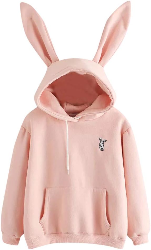 Evansamp-TopWomen's Sweatshirt,Evansamp Cute Bunny Hoodie Long Ear Cotton Solid Pullover Blouse Fleece for Teen Girls(Pink,L)