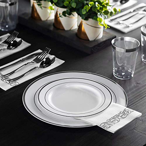 Munfix 100 Piece Plastic Party Plates White Silver Rim, Premium Heavy Duty 10.25 Inch Dinner Plates Elegant Fancy Heavy Duty Disposable Wedding Plates #TOP2