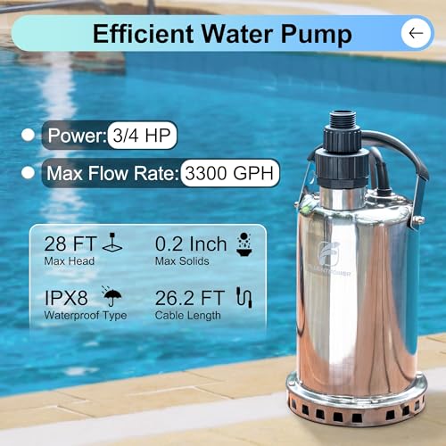 FLUENTPOWER 3/4HP Submersible Sump Pump, 3300GPH Stainless Steel Utility Water Pump, Manual Control with 26-Foot Cord for Garden Pond Basement Flood Cellar Draining Pool Tub