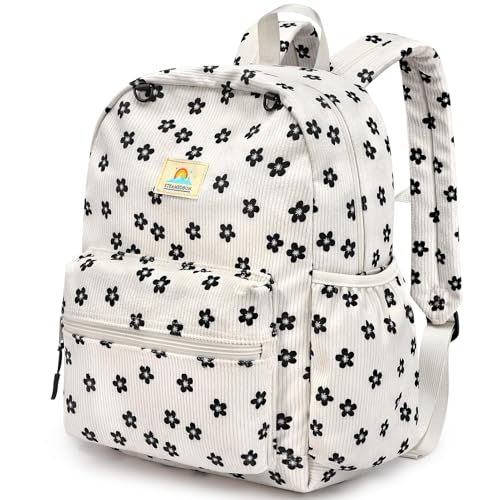 Image of STEAMEDBUN Corduroy Kids Backpack for Girls and Boys 5-8: Girls Backpack for Elementary Kindergarten - 15 inch Cute Backpacks for Kids - Flower