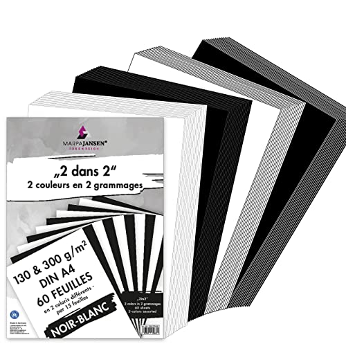MarpaJansen Lot de 2 en 2, 60 feuilles, 2 couleurs, 2 grammes, format A4, 15 feuilles de carton photo noir et blanc 300 g/m² et 15 feuilles de papier à dessin d'argile noir et blanc 130 g/m² Cover