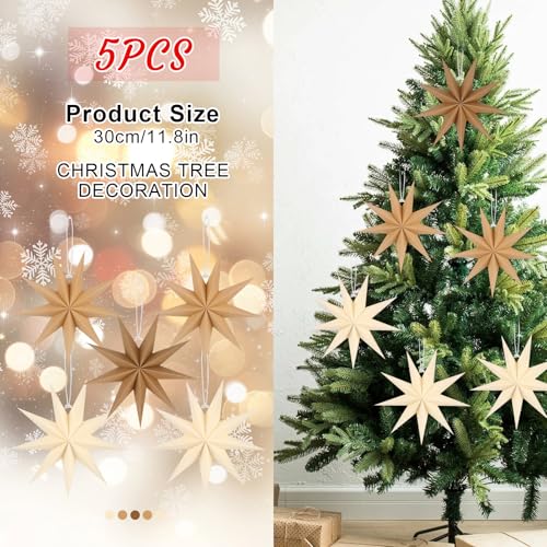 Image of 12 Inches 5 PCS Natural Paper Star Lanterns Christmas Party Decorations Hanging Stars Christmas Party Decorations Wedding Birthday Christmas Home Party Decorations(9 Pointed)