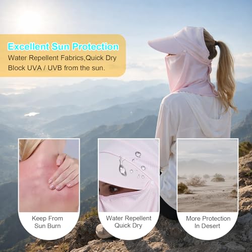 Image of Women Wide Brim Face Mask Sun Hat Detachable Neck Face Flap Ponytail UV Protection Visor Hat Garden Fishing Hiking