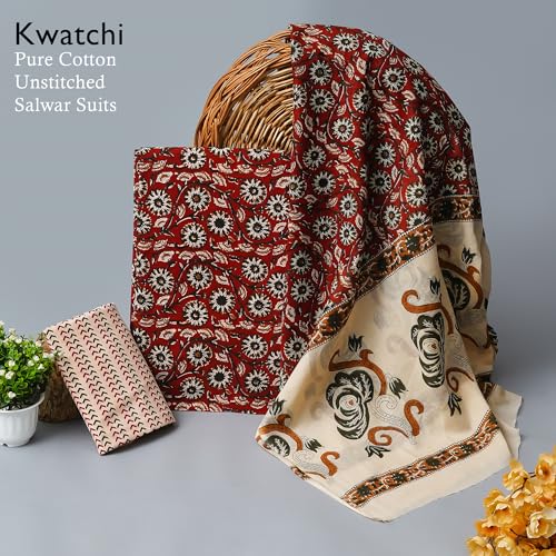 Image of Woman's &Girls Pure Cotton Bagru Print Unstitched Suit & Dress Material With Cotton Dupatta (Maroon)