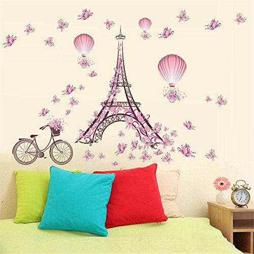 BIBITIME Romantic France Paris Eiffel Tower Wall Decals for Girls Room Flower Bike Butterflies Hot Air Balloon Vinyl Sticker Valentine's Day Wedding Couple Bedroom Home Art Mural DIY Peel and Stick