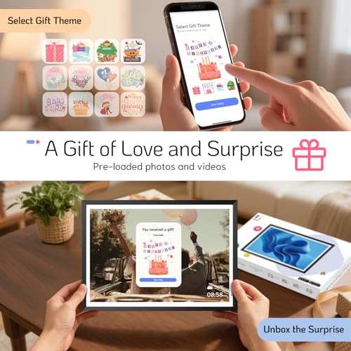 Image of NexFoto 13.5 inch Digital Picture Frame 64GB, 3K Resolution Touchscreen Electronic Photo Frame, Add Pics from Google Photos, Share Photos /Videos via APP /USB, Unboxing Gift Mode, for Christmas /Mom, Black