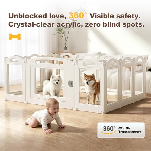 Image of Foldable Clear Acrylic Dog Playpen with Door, 23.6 inch Acrylic Puppy Playpen, Easy Assemble Indoor Pet Fence with White Frame, Clear Dog Playpen for Puppies & Animal (White, 23.6'H, 12 Panels + 1 Door)