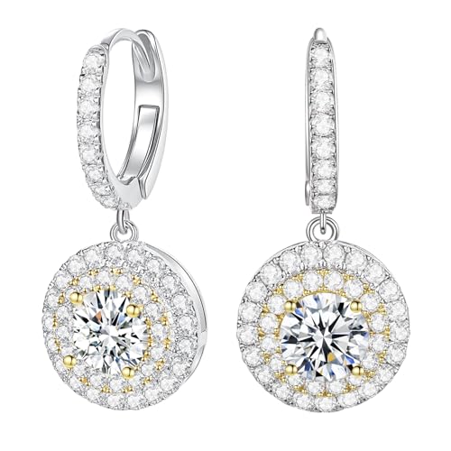 Moissanite Huggie Earrings for Women 1.3CT Round Cut VVS1 Clarity Hinged Hoop Earrings, 925 Sterling Silver with 18K White Gold Plated Hypoallergenic Dangle Drop Earring