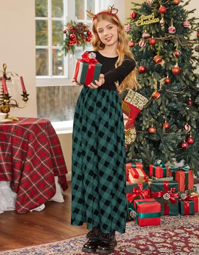 Image of KYMIDY Girl Maxi Dress Kids Casual Buffalo Check Plaid Long Sleeve Dresses with Pockets(6-14yrs)
